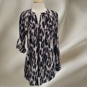 Rock & Republic Zebra Print Zip Front Blouse Roll Tab Sleeve Top Size L